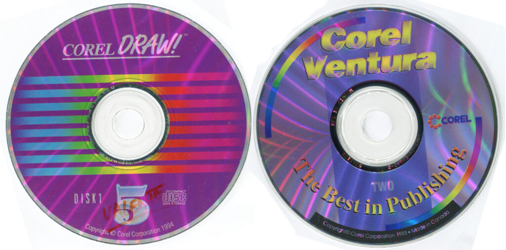 Dois CDs, um do Corel Draw, outro do Ventura Publisher.